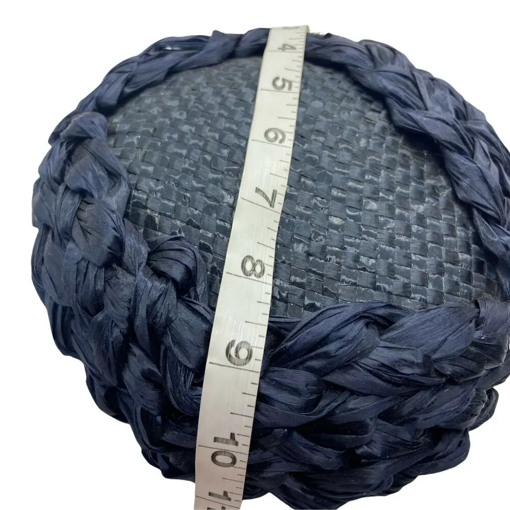 Straw Hat Vintage 60s Womens Navy Blue Fitted Classic with Rhinestone Details - Picture 7 of 15